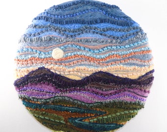 Small Round Mixed Media Fiber Art Landscape, Mountains at Dusk (12x12) Rug Hooking, Punching, Needle Felting