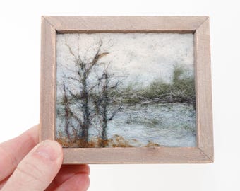 Mini Wool Landscape Painting, Needle Felted Fiber Art, Winter Lake (3x4 Frame)