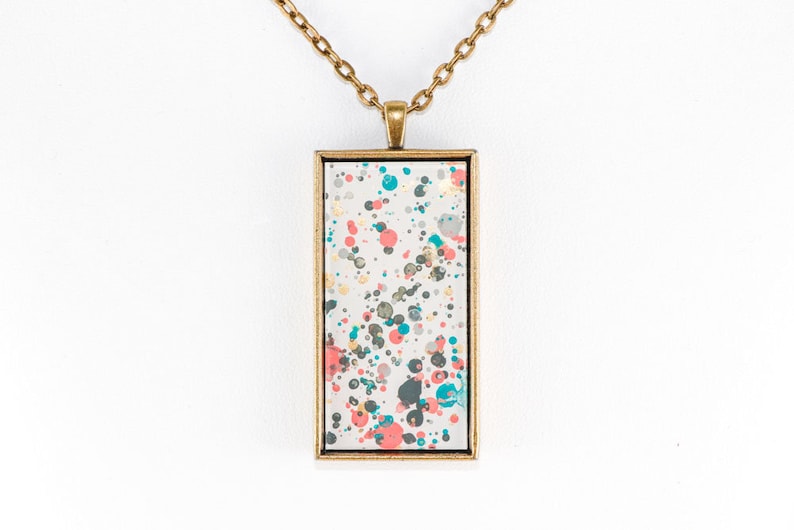 Splatter Painting Pendant Choose Your Shape Abstract Art Brass Necklace white, gold, coral, turquoise, gray Garden Party Colorway