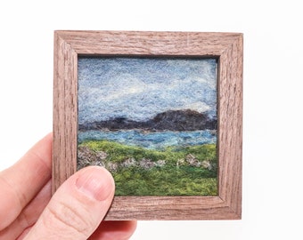 Mini Wool Landscape Painting, Needle Felted Fiber Art, Emerald Isle #1 (3x3)