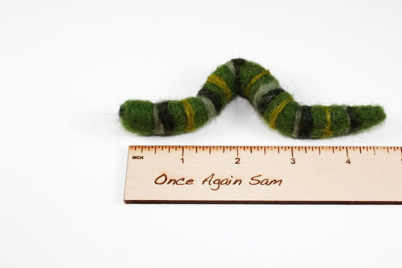 Pu&ograve; includere: Un giocattolo a forma di bruco in feltro verde, giallo e nero che misura circa 10 cm di lunghezza. Il giocattolo &egrave; su un righello di legno con le parole "Once Again Sam" scritte su di esso.
