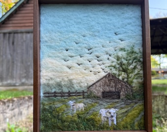 Pintura de paisaje en lana, arte en fibra de fieltro con aguja, paisaje de granja (8x10)
