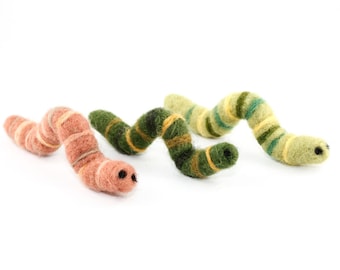 Needle Felted Caterpillar or Worm - Soft Handmade Garden Insects (choose pink worm, dark green caterpillar, or light green caterpillar)