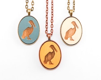Pelican Necklace - Laser Engraved Wooden Cameo (Custom Made / Any Color)
