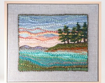 Mixed Media Fiber Art Landscape, Lakeside Pines (13x15) Rug Hooking, Punching, Needle Felting