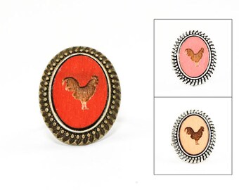 Rooster Ring - Laser Engraved Wood in Adjustable Oval Setting (choose your color / custom made jewelry)