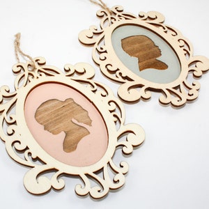 Personalized Christmas Ornament, Children's Silhouette Portrait w/ Laser Cut Wood Frame, Christmas Gift Idea