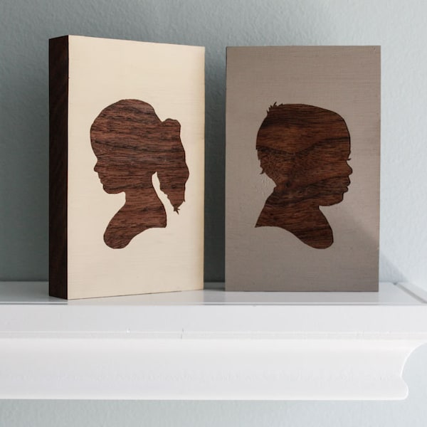 Personalized Children's Portrait Engraved on Painted Walnut Wood  Block - Mother’s Day Gift Idea