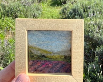 Mini Wool Landscape Painting, Needle Felted Fiber Art, Lavender Fields #5 (Square 3 inch Wood Frame)
