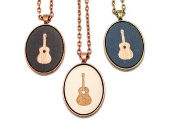 Acoustic Guitar Pendant Necklace - Laser Engraved Wooden Cameo (Any Color - Custom Made)