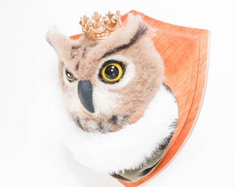 Needle Felted Owl Portrait with Crown, Animal Kingdom Collection