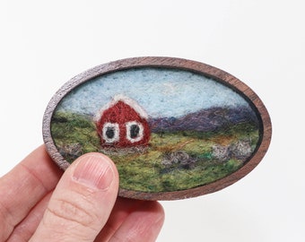 Mini Wool Landscape Painting, Needle Felted Fiber Art, Fishing Cottage in Iceland (2x3 Inch Oval Wood Frame)