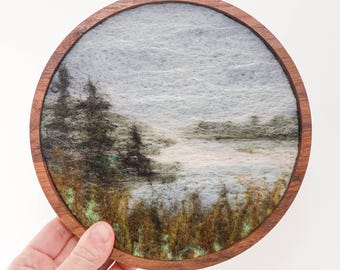 Round Wool Landscape Painting, Needle Felted Fiber Art, Lake in Winter (7 inch Wood Frame)