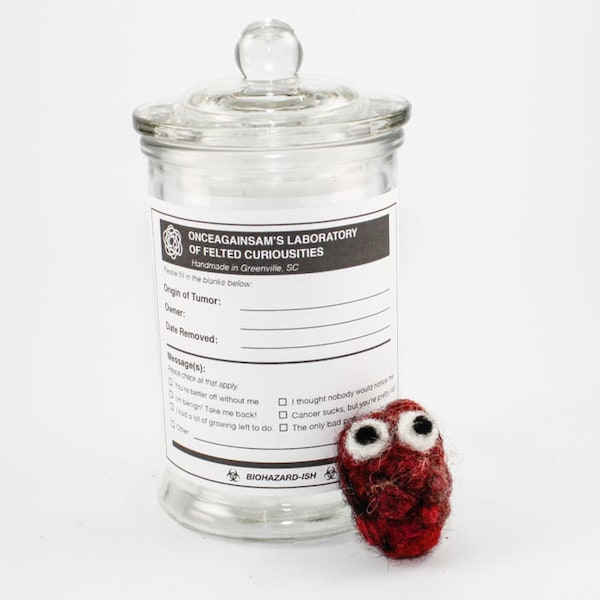 Needle Felted Tumor w/ Personalized Specimen Label and Glass Apothecary Jar - Quirky Get Well Gift - Cancer Sucks