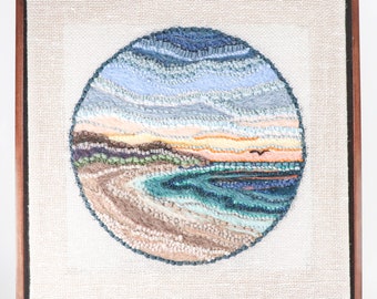 Mixed Media Fiber Art Landscape, Sunrise Beach (15x15) Rug Hooking, Punching, Needle Felting