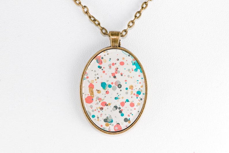 Splatter Painting Pendant Choose Your Shape Abstract Art Brass Necklace white, gold, coral, turquoise, gray Garden Party Colorway