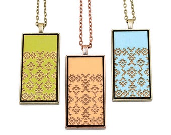 Geometric Southwest Pattern Pendant - Engraved Wooden Cameo Necklace (Custom Made / Personalized)