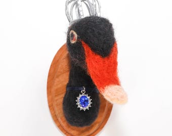 Needle Felted Black Swan Portrait with Crown, Animal Kingdom Collection