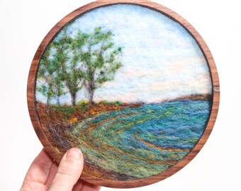 Round Wool Landscape Painting, Needle Felted Fiber Art, Muddy Cove (7 inch Wood Frame)