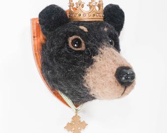 Needle Felted Black Bear Portrait with Crown, Animal Kingdom Collection