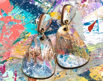 Abstract Art Earrings, Studio Graffiti Painted Dangle Earrings, Dewdrop