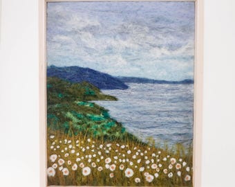 Wool Landscape Painting, Needle Felted Fiber Art, Coast of Sweden (8x10)