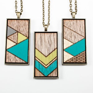 Painted Geometric Pendant - Laser Cut Wood Necklace (Choose Your Pattern) - Turquoise, Lime Green, Metallic Gold