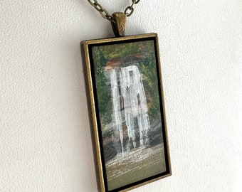 Painted Landscape Pendant - Waterfall (Original Painting in Brass Setting)