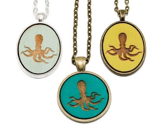 Octopus Necklace - Laser Engraved Wooden Cameo Pendant Featuring Ocean Creature (Custom Made / Any Color) -  Nautical Jewlery Gift Idea