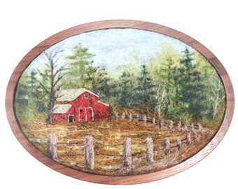 Large Oval Wool Landscape Fiber Art Painting, Old Red Barn (12 x 15)