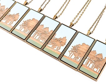 Painted Landscape Pendant with Laser Etched Trees - Lakeside Scene (Original Painting in Brass or Copper Setting)
