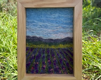 Pintura de paisaje en lana, arte en fibra de fieltro con aguja, campos de lavanda n.° 8 (marco de madera de 7x5)