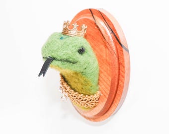 Needle Felted Snake Portrait with Crown, Animal Kingdom Collection