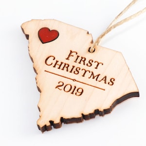 First Christmas Ornament - Laser Cut Wood with Leather Heart - Choose Your State & City - Personalized Gift Commemorative Keepsake