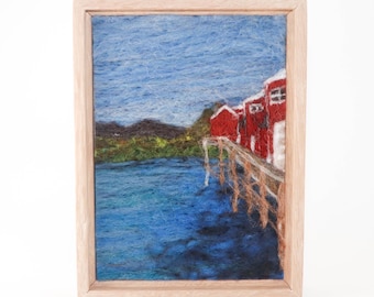 Wool Landscape Painting, Needle Felted Fiber Art, Fishing Cabins (5 x 7 Inch Wood Frame)