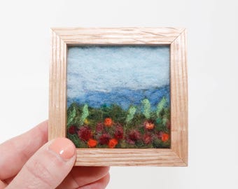 Small Wool Landscape Painting, Needle Felted Fiber Art, Wildflower Valley (3 Inch Wood Frame)