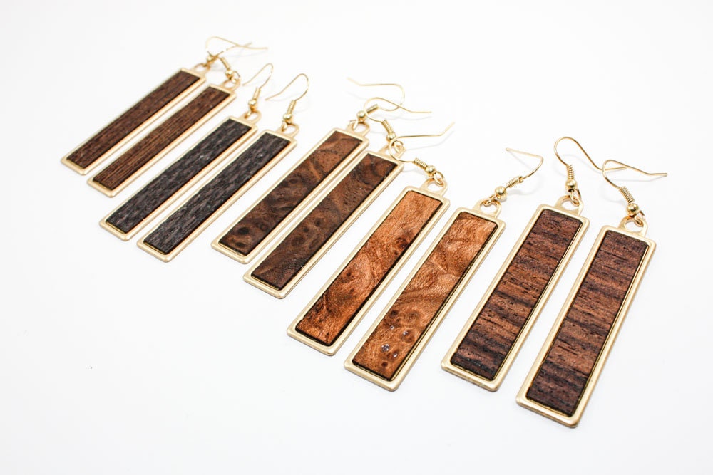 Exotic Wood Veneer Modern Brass Dangle Earrings Etsy