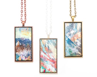 Abstract Art Pendant, Studio Graffiti Painting, Rectangle Necklace, Choose Your Setting Finish