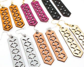 Laser Cut Leather Dangle Earrings - Elongated Geometric Crisscross Pattern (Choose Your Color / Custom Made)