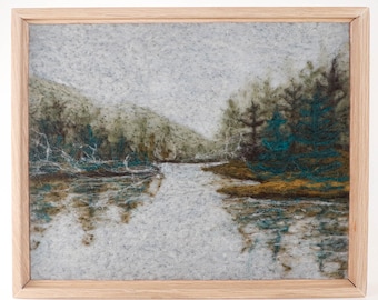 Wool Landscape Painting, Needle Felted Fiber Art, Foggy Lake (9x12 Frame)