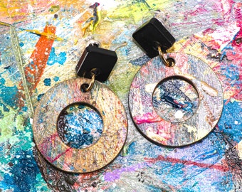 Abstract Art Earrings, Studio Graffiti Painted Dangle Earrings, Hoop