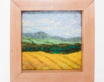 Wool Landscape Painting, Needle Felted Fiber Art, Yellow Fields of Sweden (5x5)