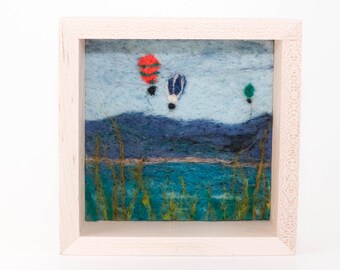 Pintura de paisaje de lana, arte de fibra de fieltro con aguja, globos aerostáticos de 5x5