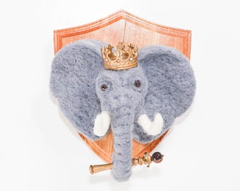 Needle Felted Elephant Portrait with Crown, Animal Kingdom Collection