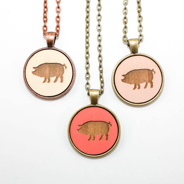 Pig Pendant - Laser Engraved Wooden Cameo Necklace Featuring Farm Animal (Any Color - Custom Made) - Gifts for Her