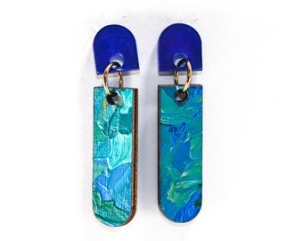Abstract Art Earrings, Studio Graffiti Palette Knife Painted Dangle Earrings, Latitude Dangle (Great Lakes Colorway)