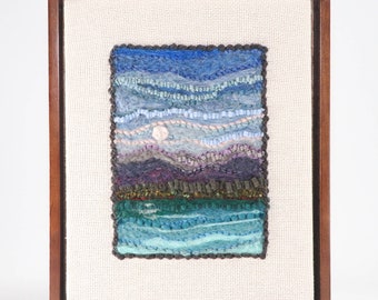 Mixed Media Fiber Art Landscape, Mountain Moon Number 6 (9x12) Rug Hooking, Punching, Needle Felting