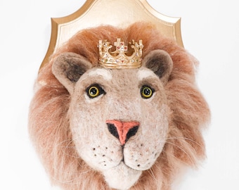 Needle Felted Lion Portrait with Crown, Animal Kingdom Collection