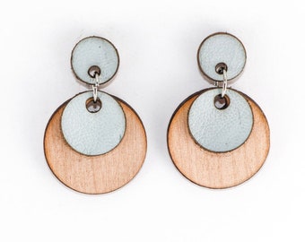 Wood and Leather Dangle Earrings, Moondrop Style (Pale Blue / Alder)