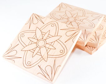 Wooden Coaster Set, Laser Etched Design (Maple Square with Geometric Botanical Design Laser Etched)